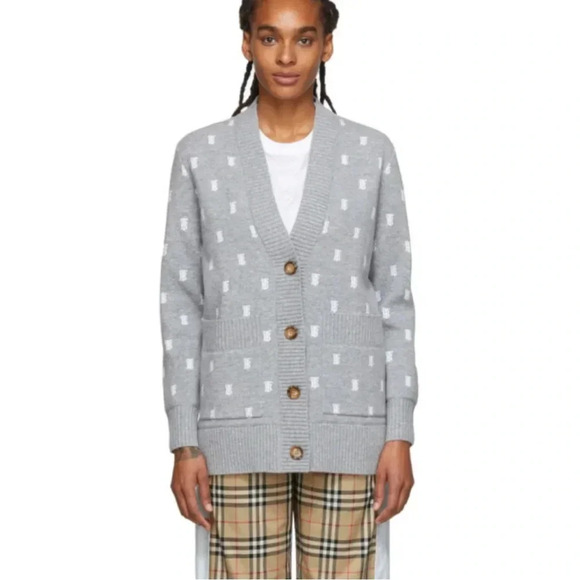 Burberry Monogram Oversized Cardigan Womens Grey Logo Wool Cashmere Blend - Picture 2 of 8